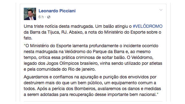 Autoridade do Legado Olímpico pede que PF apure incêndio ocorrido em velódromo