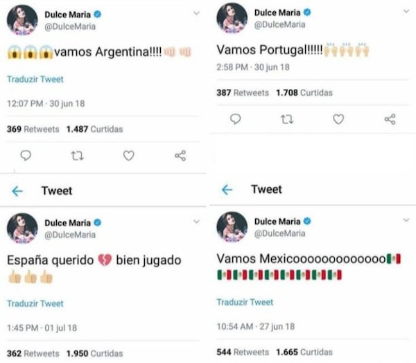 Com fama de pé-frio, Dulce Maria declara torcida ao Brasil e web