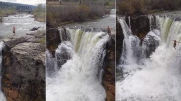 Homem se arrisca ao dar salto em cachoeira no Canadá