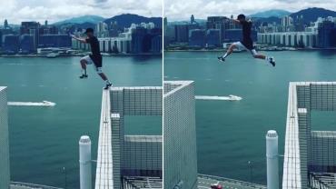 Jovem se arrisca em salto entre prédios em Hong Kong