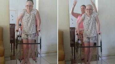 Curada do câncer, Lorena, do "Careca TV", comemora primeiros passos sozinha no andador