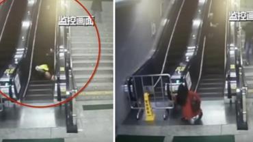 Mulher age rápido e salva idosa que caiu em escada rolante na China