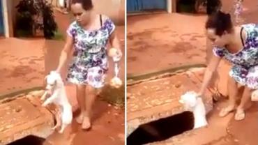 Mulher é flagrada jogando cachorro em bueiro em Goiás