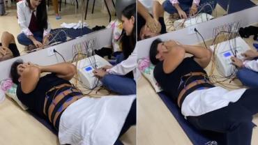 Marido de influencer grávida usa aparelho para simular dores do parto; vídeo