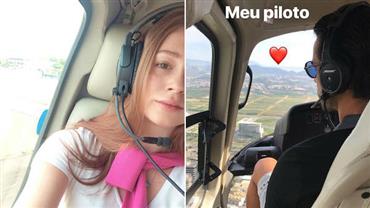 Marina Ruy Barbosa voa de helicóptero com marido e se declara: "Meu piloto"