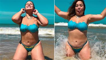 Ex-BBB Cacau exibe corpo sem retoques em praia e faz graça: "expectativa x realidade"
