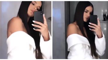 Bruna Marquezine surge com cabelos compridos e roupão em vídeo