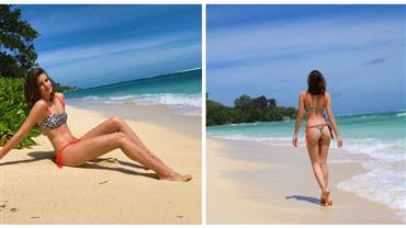 Camila Queiroz posa de biquíni e mostra "frente e verso" na praia