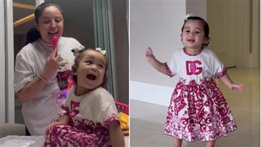 Filha de Karoline Lima e Éder Militão usa vestido de grife de R$ 4 mil para receber visita